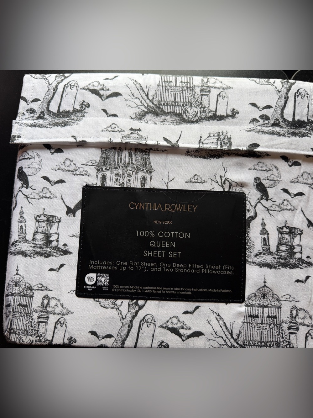 NEW Cynthia Rowley Halloween Sheet Set QUEEN Haunted House Graveyard Toile 4pc